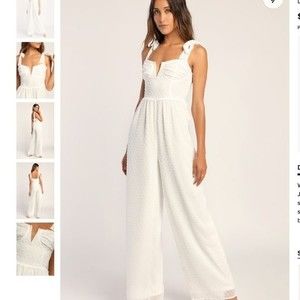 LULU'S You're Still The One Ivory Swiss Dot Tie-Strap Jumpsuit Size Medium